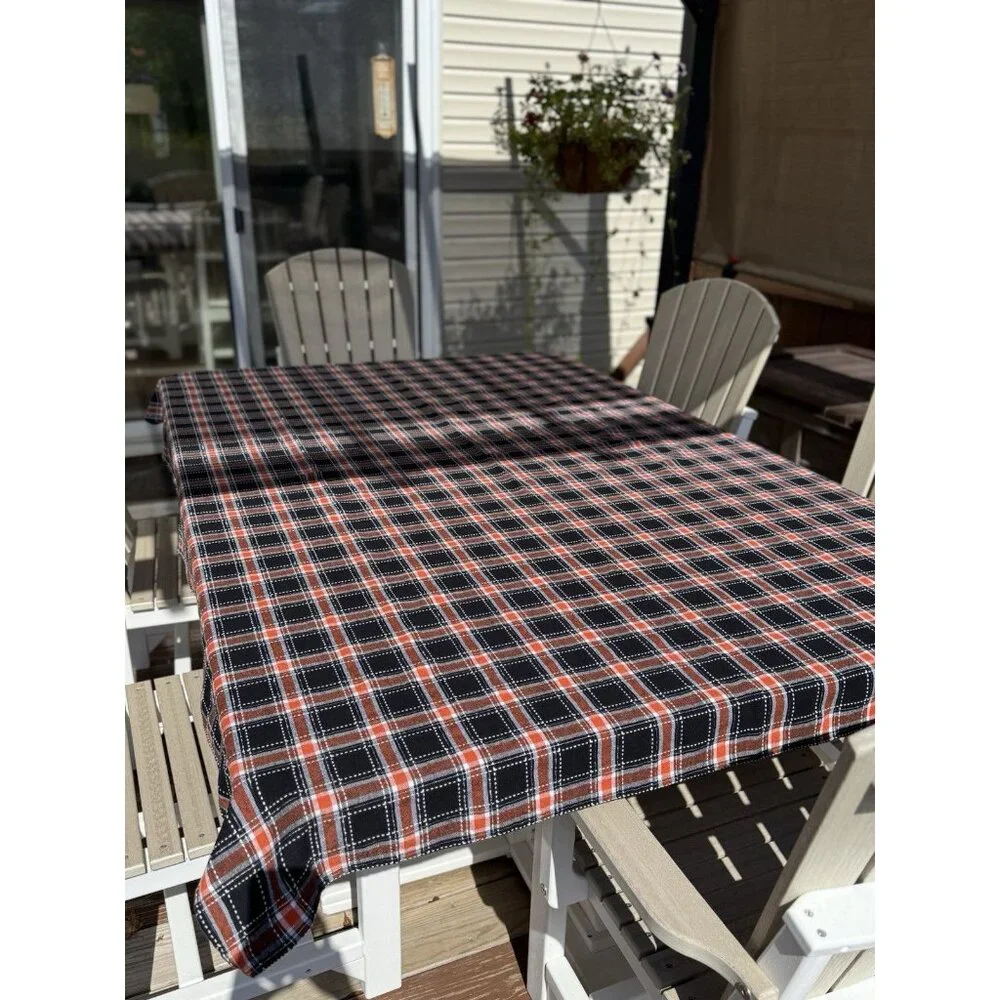 Cynthia Rowley Tablecloth Plaid 60”x 84” Orange Black White Silver Halloween